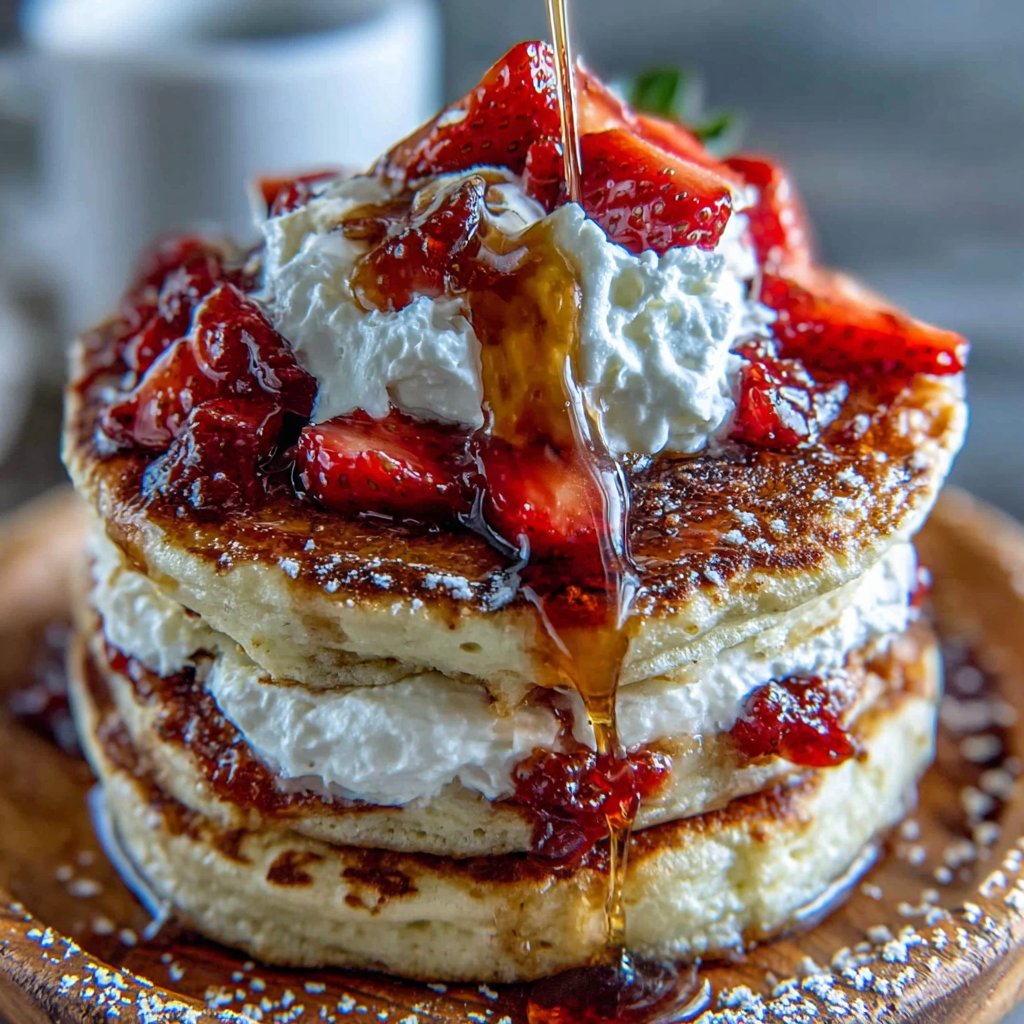 Puffy Strawberry Pancake Stack